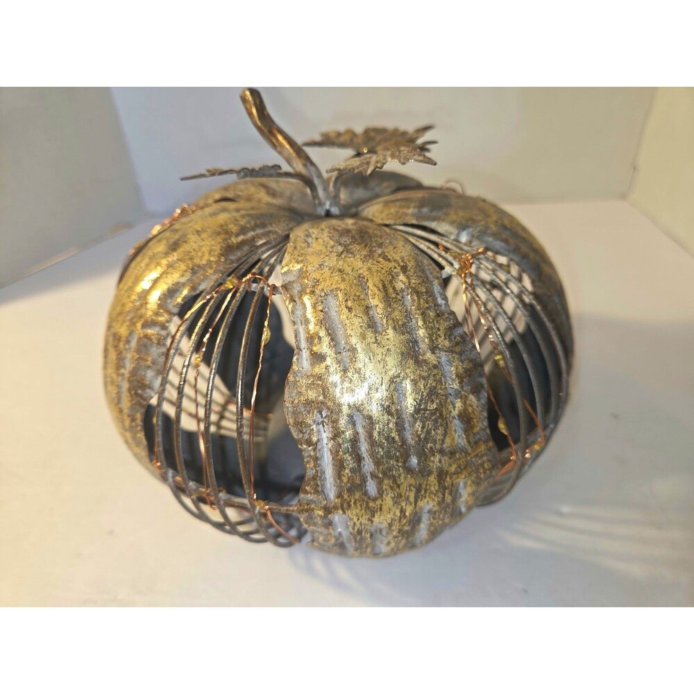 Gold Metal Pumpkin LED Lighted Centerpiece w/ Timer, Battery Powered, 5in